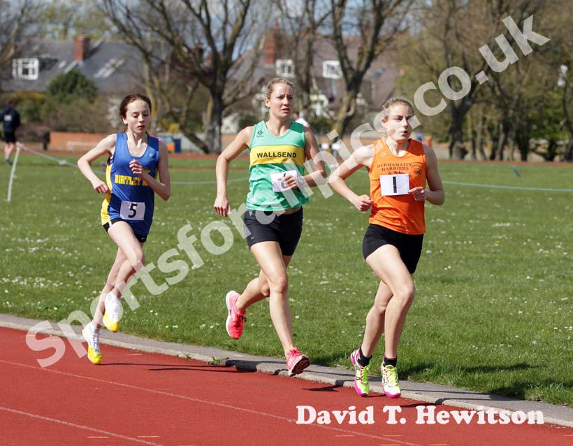 Chloe Price (Durham City) from winner Danielle Hodgkinson (Walsend) and 3rd Sophie Burnett during the 1500 metres at the North of England,League, Div. 4E, Whitley Bay.